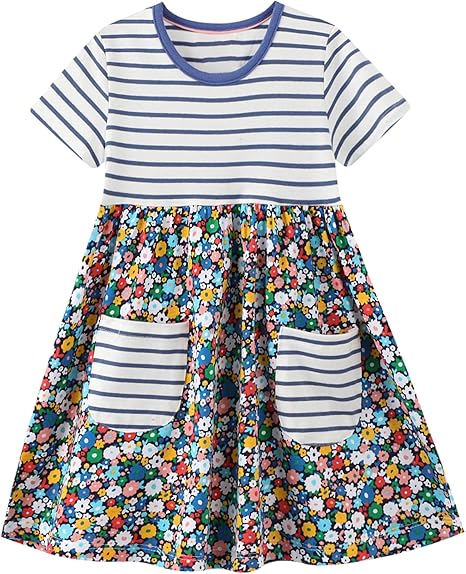 Girls' Cotton Short Sleeve Dresses Cute Stripe Cartoon Patterned Casual Sundress(Floral Pockets)