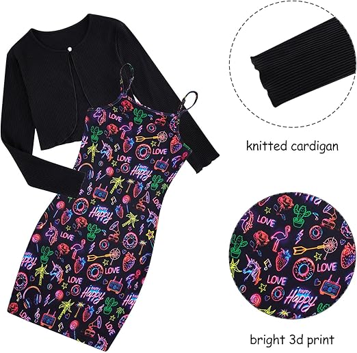 Girls Dresses Fall Outfits 2 Piece Floral Sleeveless Cute Dress and Cardigan(Black) - Image 3