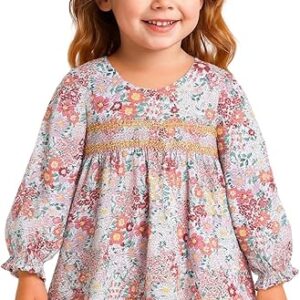 Toddler Girl Long Sleeve Dress Cotton Casual Jersey Shirt Playwear Applique Dress(redfloral)