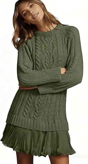 Women Cable Knit Sweater Dress Crewneck Long Sleeve Pleated Mini Dress(Green)