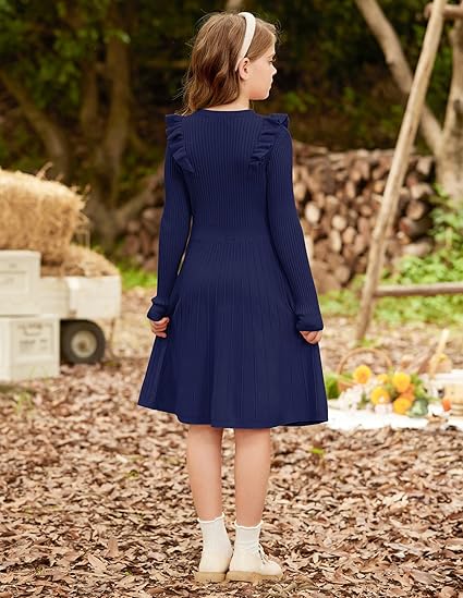Girls Sweater Dress Fall Winter Long Sleeve Cable Knit Pullover Dresses(Deep Blue) - Image 4