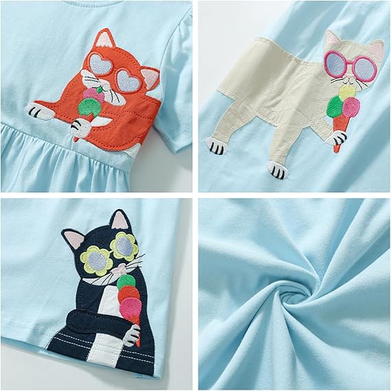 Girls' Cotton Short Sleeve Dresses Cute Stripe Cartoon Patterned Casual Sundress(Aqua Blue Cat) - Image 5