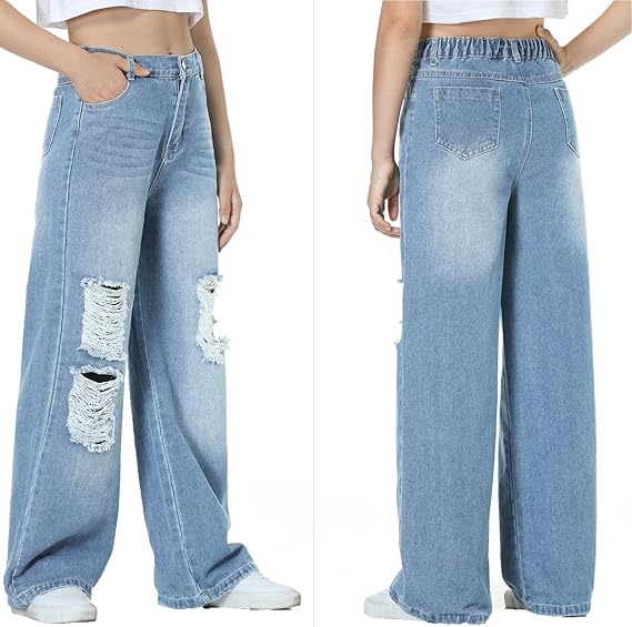 Girls Jeans Pants Wide Leg/Flare/Skinny Denim Pant Ripped High Waist Elastic Band Casual with Pockets - Image 3