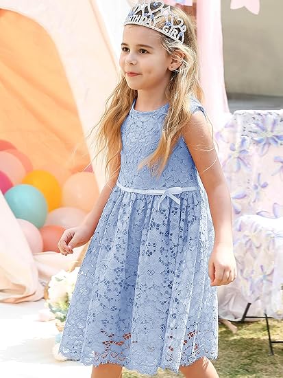 Girls & Toddlers Sleeveless A-Line Lace Party Dress Birthday Wedding & Flower Girl Dress with Beaded Bowknot(Blue) - Image 4