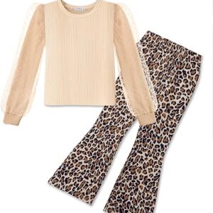 Toddler Girls 2 Piece Outfits Fall Clothes Knit Tulle Puff Sleeves Top and Flare Pants Set (Apricot leopard)
