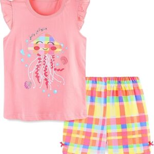 Toddler Girl Summer Short Outfit Sets Cotton Short Sleeve Tops Tees Shorts Clothing Sets(pinkjellyfish)