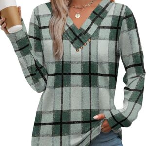 WIHOLL Long Sleeve Fall Outfits V Neck T Shirts Button Down Tunic (1-green Grid)