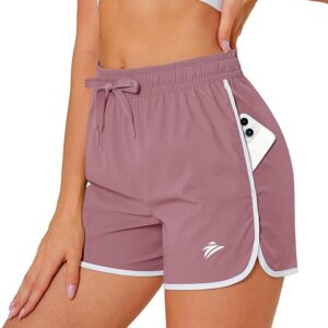 MAGCOMSEN Women's Athletic Shorts with Pockets Quick Dry Lightweight 3.5" Running Gym Workout Shorts Hiking Sport(Grey Pink)