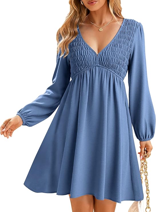 BerryGo Women's Casual Long Sleeve Babydoll Flowy Dress V Neck(Blue)