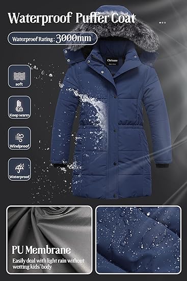 Girl's Long Parka Warm Winter Coat Water Resistant Quilted Puffer Jacket Snow Outwear(Navy) - Image 5