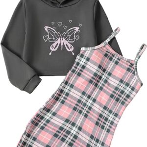 Girls 2 Piece Outfits Cami Dresses Hoodie Clothing Set Plaid Bodycon Dress Crop Top Sweatshirt Fall Winter Clothes(Grey)