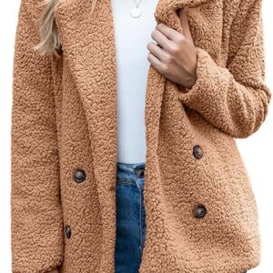 Winter Warm Plush Cardigan Fuzzy Fleece Lapel Jacket with Buttons Pockets Long Sleeve Casual Outerwear(Khaki)