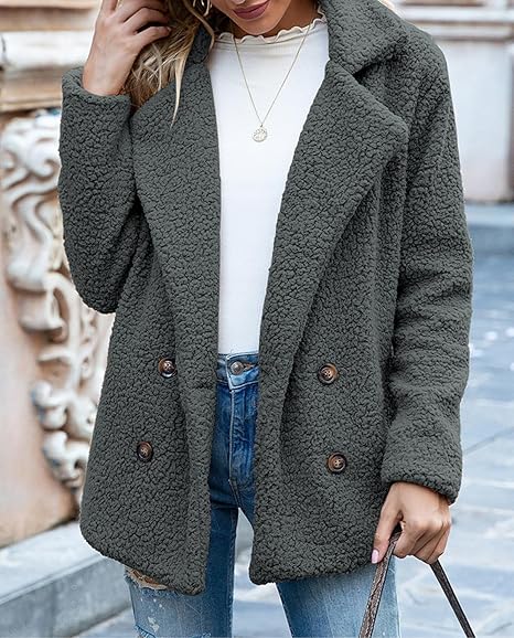 Winter Warm Plush Cardigan Fuzzy Fleece Lapel Jacket with Buttons Pockets Long Sleeve Casual Outerwear(Grey) - Image 5