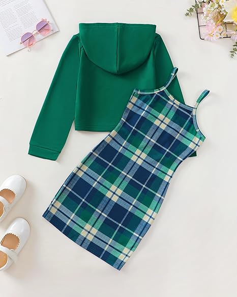 Girls 2 Piece Outfits Cami Dresses Hoodie Clothing Set Plaid Bodycon Dress Crop Top Sweatshirt Fall Winter Clothes(Green) - Image 5