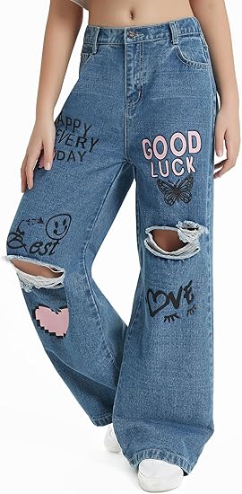 Girls Jeans Pants Wide Leg/Flare/Skinny Denim Pant Ripped High Waist Elastic Band Casual with Pockets (Pant 5) - Image 3