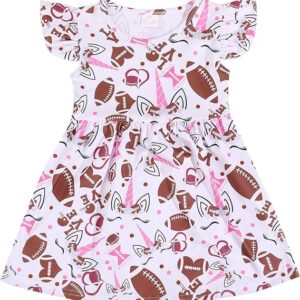 Girl Casual Dress Baseball Print Ruffle Bottom Casual Dress Summer Clothes (rugby)