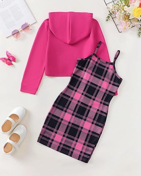 Girls 2 Piece Outfits Cami Dresses Hoodie Clothing Set Plaid Bodycon Dress Crop Top Sweatshirt Fall Winter Clothes(Red Rose) - Image 5