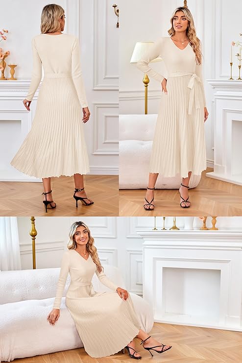 Arach&Cloz Women's Wool Blend Tie Waist Pleated Fall Sweater Dress(Beige) - Image 2