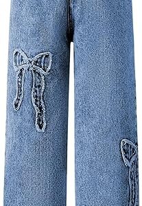 Girl's Bowknot Print Washed Jean Elastic Waist Denim Pants Straight Leg Trousers with Pockets (pant 3)