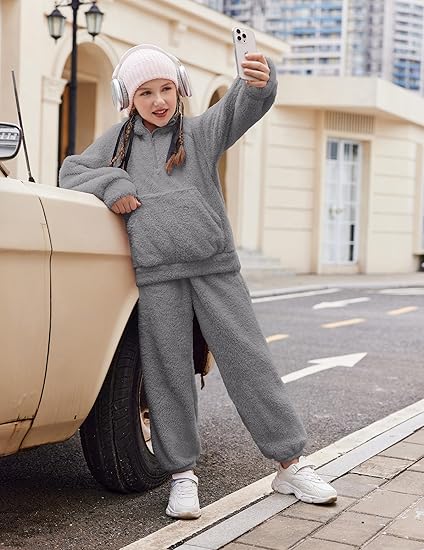 Girls 2 Piece Outfits Drop Shoulder Hoodie Half Zip Fluffy Sweatshirt and Fleece Pants Sweatsuit(Deep Grey) - Image 5
