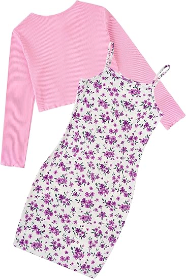 Girls Dresses Fall Outfits 2 Piece Floral Sleeveless Cute Dress and Cardigan(Pink) - Image 4