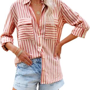OMSJ Women's Striped Button Down Shirts Casual V Neck Blouses Tops(Red)