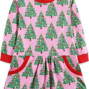 Toddler Girls Cartoon Applique Dresses Striped Casual Dress Cotton Jersey Longsleeve T-Shirt(Christmas)