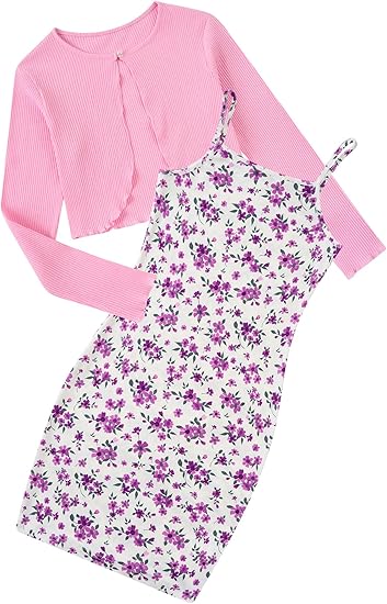Girls Dresses Fall Outfits 2 Piece Floral Sleeveless Cute Dress and Cardigan(Pink)