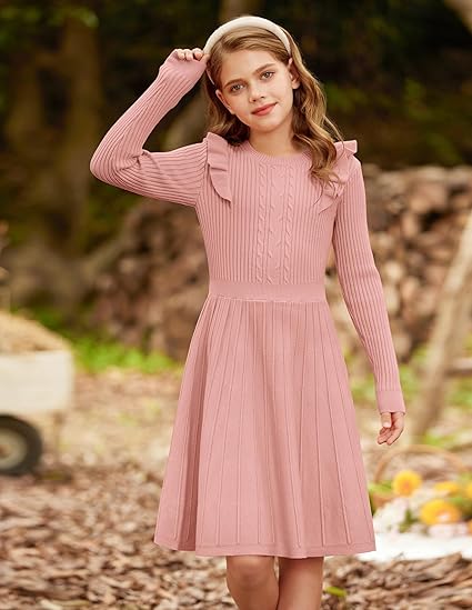 Girls Sweater Dress Fall Winter Long Sleeve Cable Knit Pullover Dresses(Pink) - Image 4
