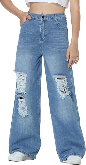 Girls Jeans Pants Wide Leg/Flare/Skinny Denim Pant Ripped High Waist Elastic Band Casual with Pockets (Pant 2)