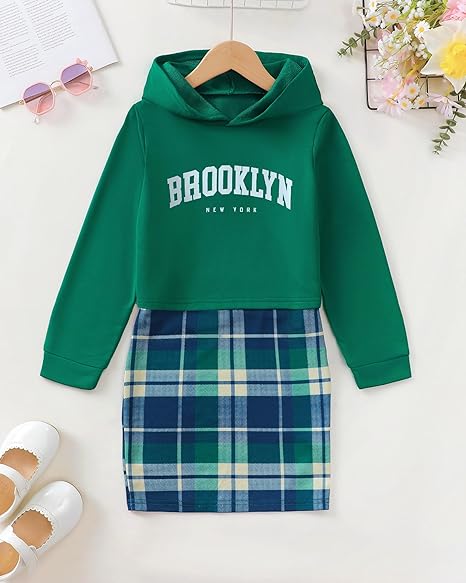 Girls 2 Piece Outfits Cami Dresses Hoodie Clothing Set Plaid Bodycon Dress Crop Top Sweatshirt Fall Winter Clothes(Green) - Image 4