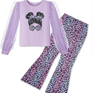 Toddler Girls 2 Piece Outfits Fall Clothes Knit Tulle Puff Sleeves Top and Flare Pants Set (Purple leopard)