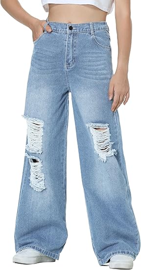 Girls Jeans Pants Wide Leg/Flare/Skinny Denim Pant Ripped High Waist Elastic Band Casual with Pockets