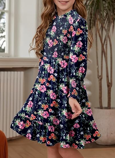 Girls Smocked Dress Casual Puff Long Sleeve Ruffle Neck Dresses (Navy Pink) - Image 3