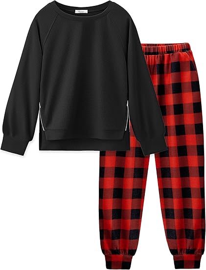 Girls 2 Piece Outfits Tracksuits Casual Crewneck Sweatshirts Side Zipper Pullover and High Waisted Sweatpants Set(Red plaid)