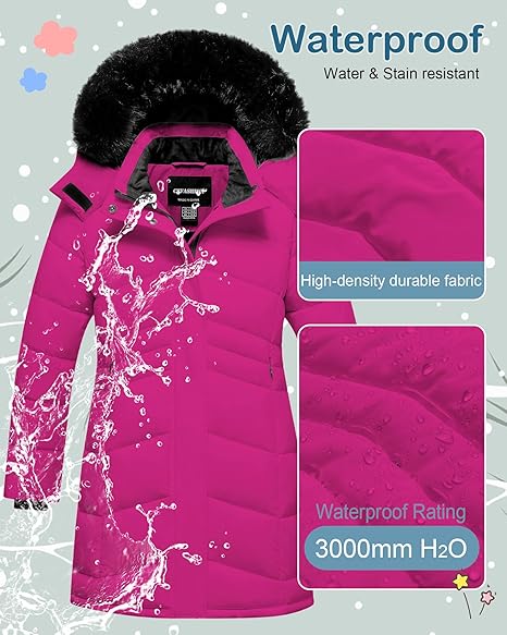 Winter Coats Kids Waterproof Long Puffer Jacket Thicken Fleece Lined Ski Parka with Detachable Fur Hooded (Pink) - Image 3