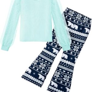 Toddler Girls 2 Piece Outfits Fall Clothes Knit Tulle Puff Sleeves Top and Flare Pants Set (Light Blue)