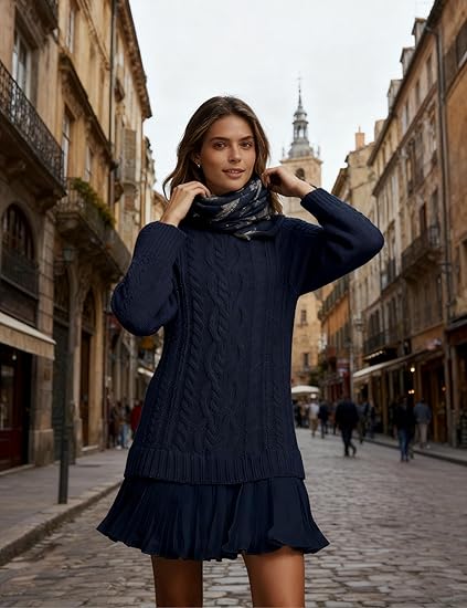 Women Cable Knit Sweater Dress Crewneck Long Sleeve Pleated Mini Dress(Navy) - Image 3