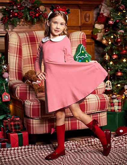 Girls Long Sleeve Dress Casual Vintage Peter Pan Collar Swing Party Dress(Pink) - Image 5