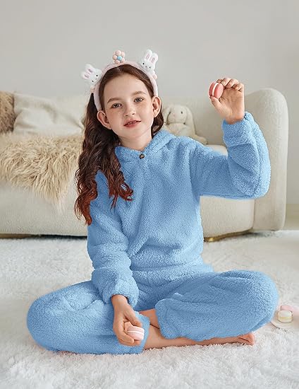 Girls 2 Piece Outfits Sweatsuit Fuzzy Long Sleeve Bear Ear Hoodie Sweatshirt and Sweatpant Kids Clothing Sets(Blue) - Image 3