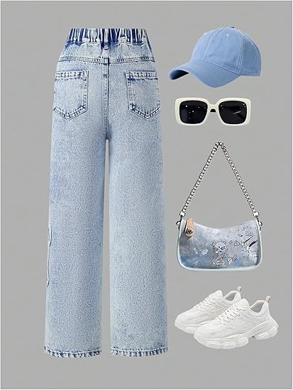 Girl's Bowknot Print Washed Jean Elastic Waist Denim Pants Straight Leg Trousers with Pockets - Image 5