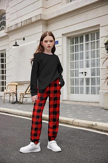 Girls 2 Piece Outfits Tracksuits Casual Crewneck Sweatshirts Side Zipper Pullover and High Waisted Sweatpants Set(Red plaid) - Image 5