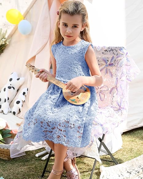 Girls & Toddlers Sleeveless A-Line Lace Party Dress Birthday Wedding & Flower Girl Dress with Beaded Bowknot(Blue) - Image 5