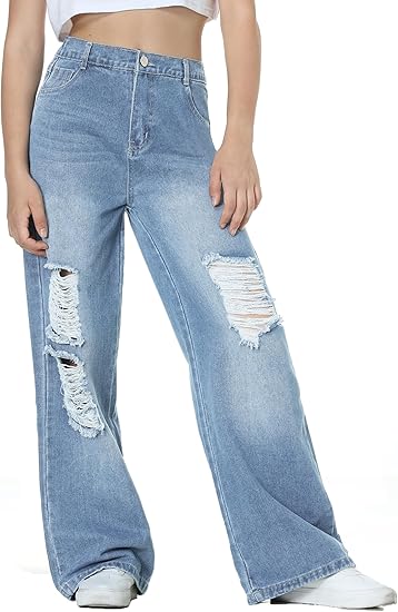 Girls Jeans Pants Wide Leg/Flare/Skinny Denim Pant Ripped High Waist Elastic Band Casual with Pockets - Image 4
