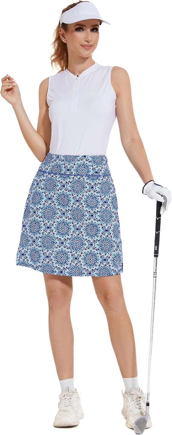 M MOTEEPI Skorts for Woman Golf Skirt Knee Length Tennis Athletic Skorts with Pockets(Blue Vector Flower)