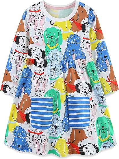 Toddler Girl's Long Sleeve Dresses( White Dog)