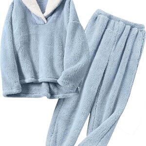 Girls Winter Pants Sets Fuzzy Warm Fleece 2 Piece Outfits Flannel Loose Pullover Sweatshirt Pants Sweatsuit(Light Blue)