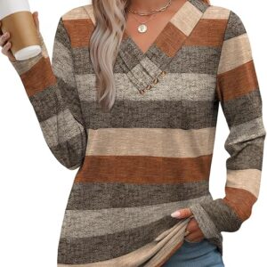 WIHOLL Long Sleeve Fall Outfits V Neck T Shirts Button Down Tunic (0-orange Stripes)