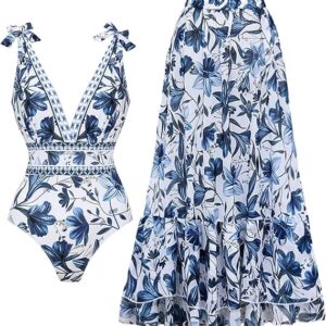 FLAXMAKER Blue and White V Neck Lace Up Strip Plant Prints One Piece Swimsuit and Skirt/Sarong( Blue #1 Swim and Skirt)