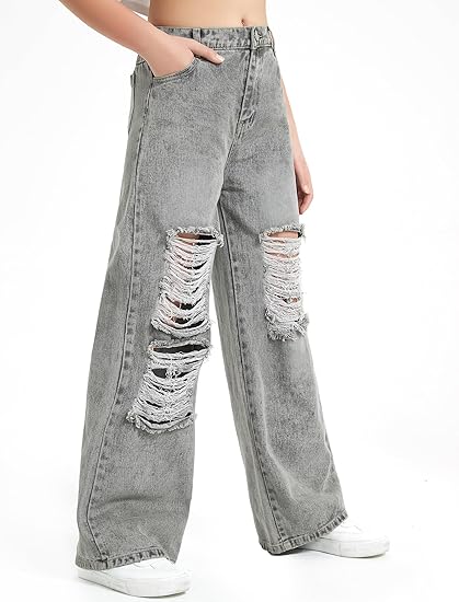 Girls Jeans Pants Wide Leg/Flare/Skinny Denim Pant Ripped High Waist Elastic Band Casual with Pockets (Pant 5) - Image 3
